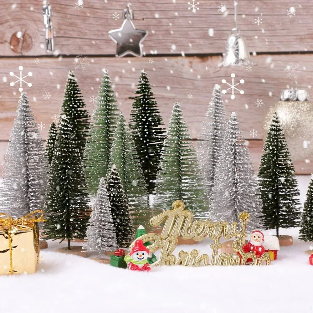 30Pcs Mini Christmas Sisal Snow Trees with Wooden Base
